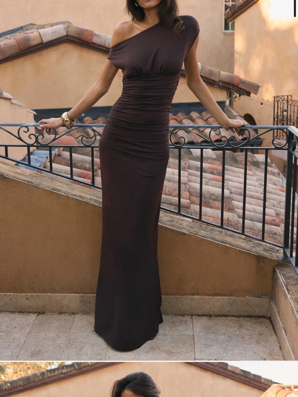 BNWT Peppermayo One-Shoulder Ruched Chocolate Brown Maxi Dress - Picture 2 of 7